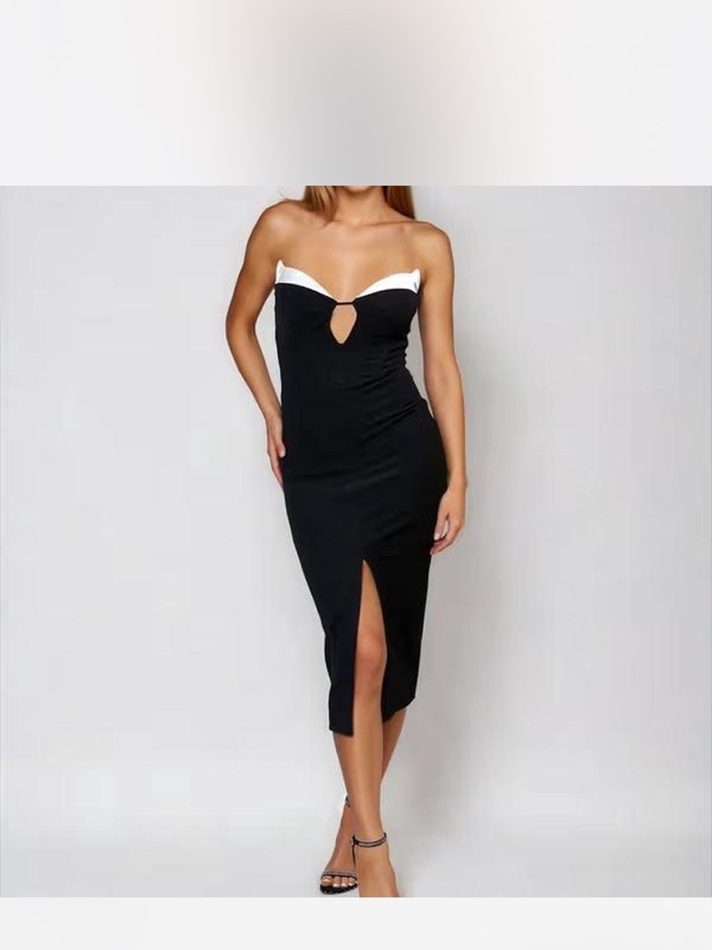 Strapless Black & White Midi Dress with Front Slit